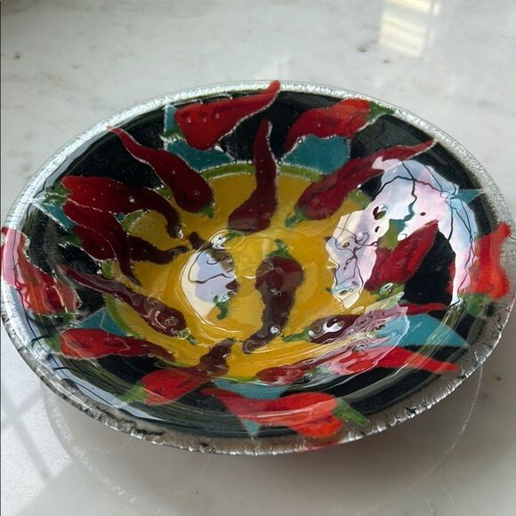 Handcrafted Artistic Bowl with Red and Yellow chili pepper design - Picture 2 of 4